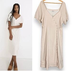 Madewell Dress NWT Stripe Midi Tan White 14 Curved Button-Front Puff Sleeves New